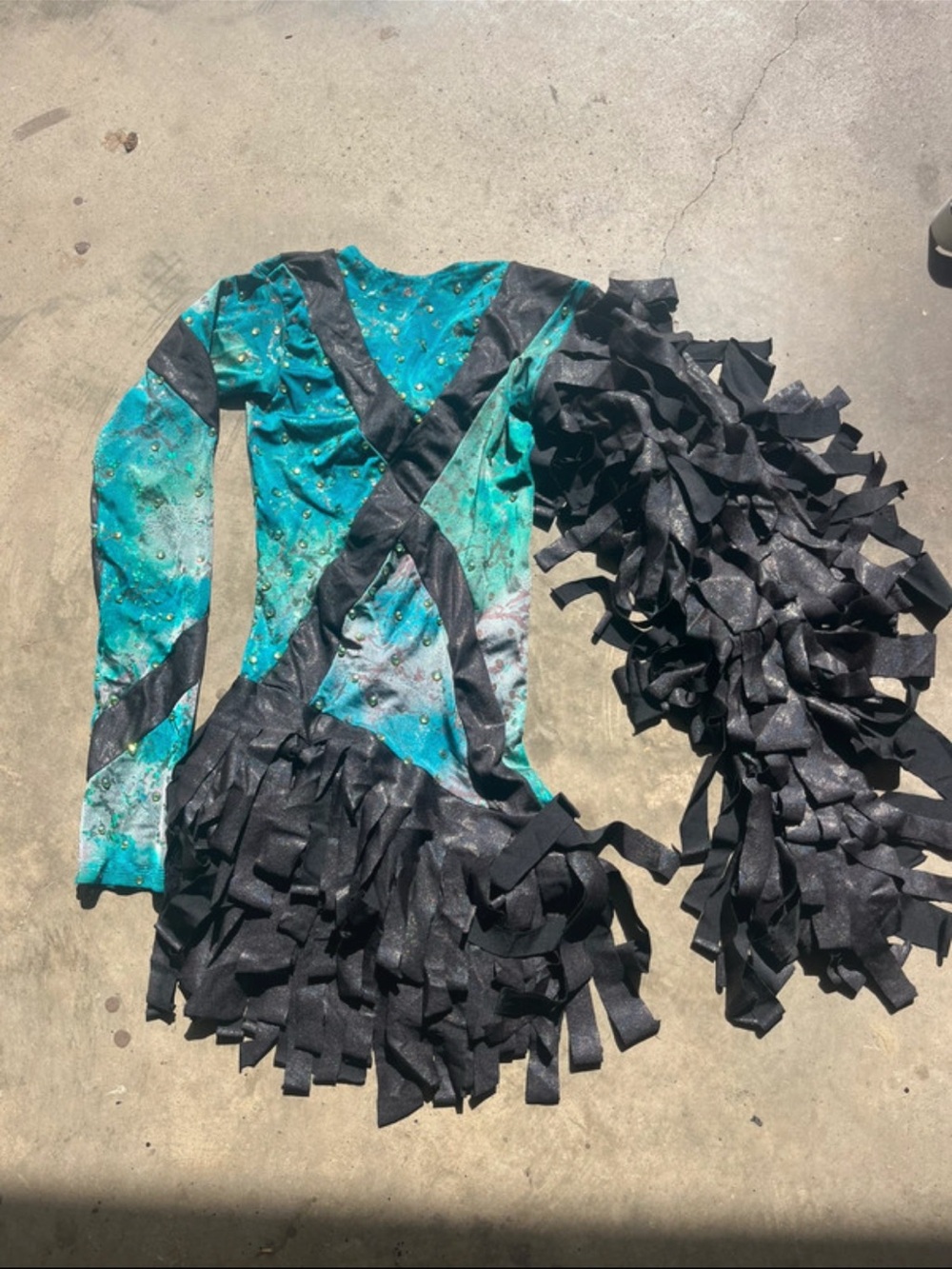 Kids Teal and Black Dance Costume with Fringe